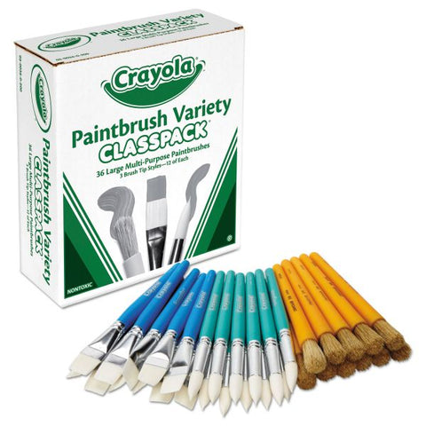 Crayola Large Variety Paint Brush Classpack, Natural; Nylon Bristles, Flat; Round Profiles, 36/Set