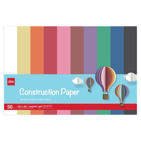 Construction Paper, 12" x 18", 100% Recycled, Assorted Colors, Pack Of 50 Sheets