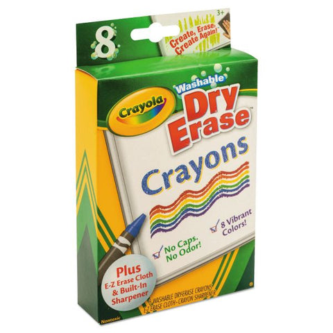 Crayola Washable Dry Erase Crayons w/E-Z Erase Cloth, Assorted Colors, 8/Pack