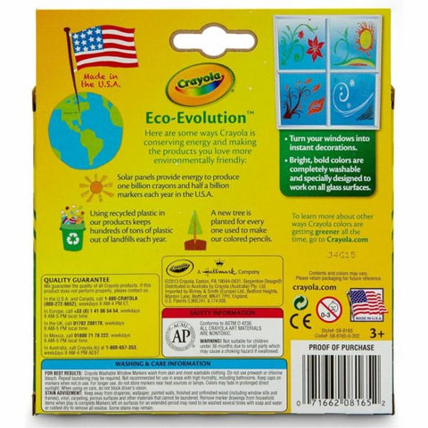 Crayola Washable Window Markers, Conical Tip, Assorted Colors, Box Of 8