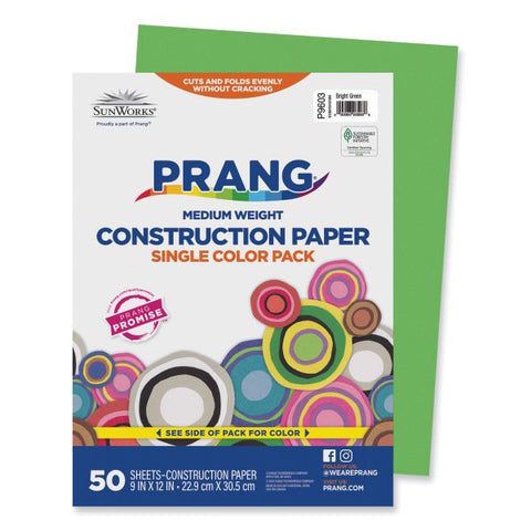 Prang SunWorks Construction Paper, 50 lb Text Weight, 9 x 12, Bright Green, 50/Pack