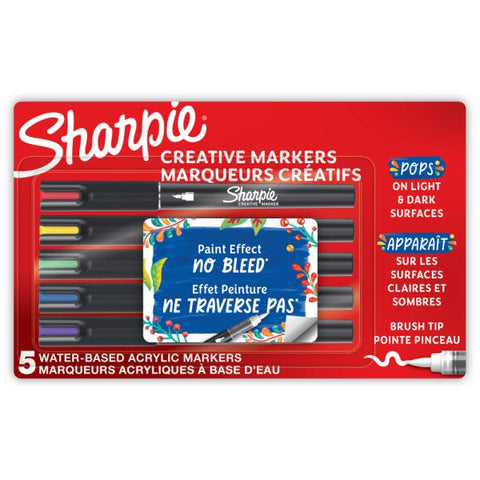 Sharpie Creative Water-Based Acrylic Markers, Brush Tip, Assorted Colors, Pack Of 5 Markers