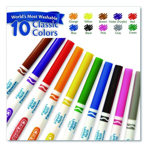 Crayola Ultra-Clean Washable Markers, Fine Line Precision Bullet Tip, Assorted Colors, 10/Box