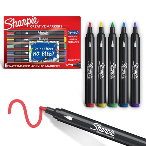 Sharpie Creative Water-Based Acrylic Markers, Bullet Tip, Assorted Colors, Pack Of 5 Markers