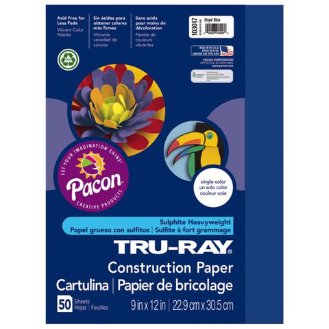 Tru-Ray Construction Paper, 50% Recycled, 9" x 12", Royal Blue, Pack Of 50