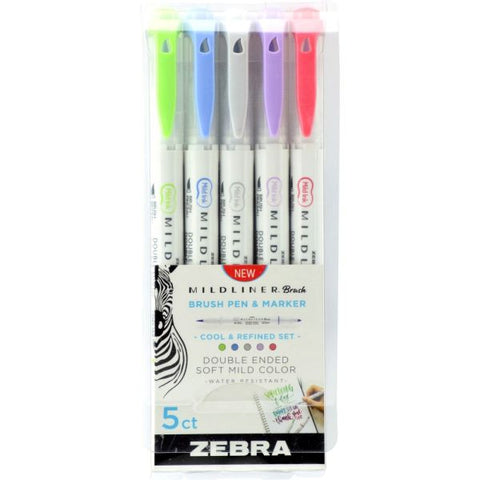 Zebra Pen MILDLINER Double-Ended Creative Markers, Pack Of 5, Brush/Fine Point, Assorted Ink Colors