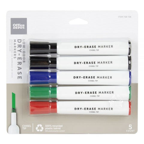 Low-Odor Dry-Erase Markers, Chisel Point, 100% Recycled Plastic Barrel, Assorted Colors, Pack Of 5