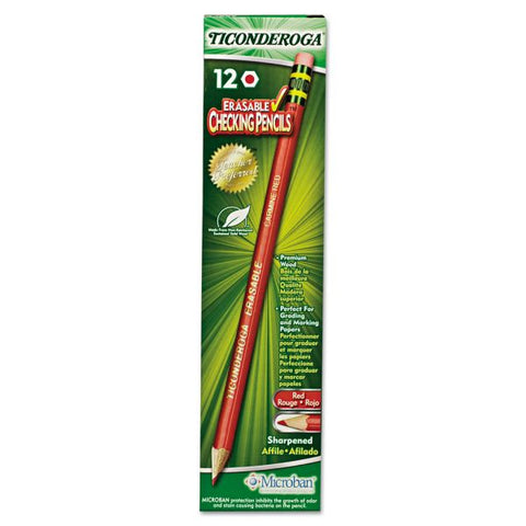 Ticonderoga Erasable Colored Pencils, 2.6 mm, 2B, Carmine Red Lead, Carmine Red Barrel, 12/Pack