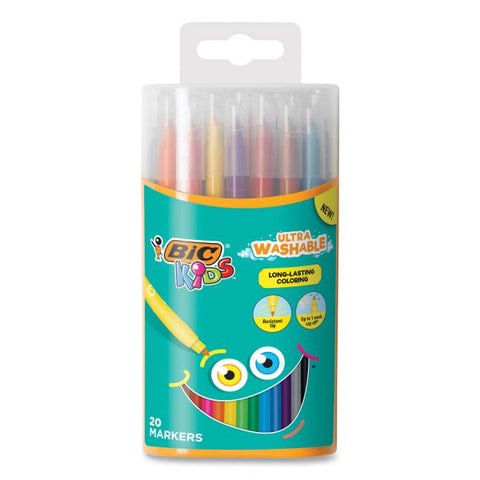 BIC Kids Ultra Washable Markers, Plastic Tube, Medium Bullet Tip, Assorted Colors, 20/Pack