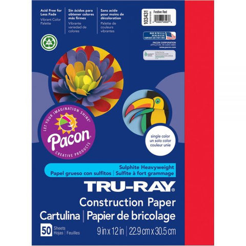 Tru-Ray Construction Paper, 50% Recycled, 9" x 12", Festive Red, Pack Of 50