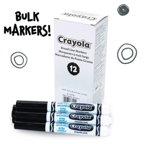 Crayola Broad Line Washable Markers, Broad Bullet Tip, Black, 12/Box