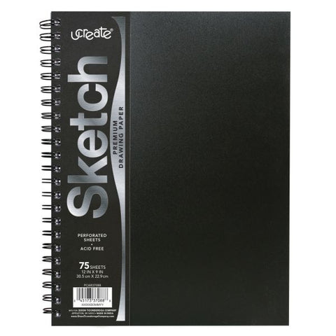 UCreate Heavyweight Sketch Book, 12” x 9”, Unruled, 75 Sheets, Black