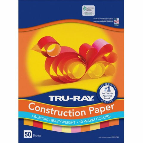 Pacon Tru-Ray Construction Paper, 76 lb Text Weight, 12 x 18, Assorted Cool/Warm Colors, 25/Pack