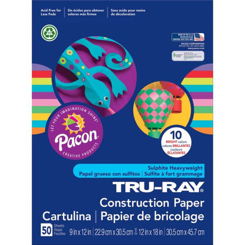 Tru-Ray Construction Paper, 50% Recycled, 9" x 12", Assorted Brights, Pack Of 50