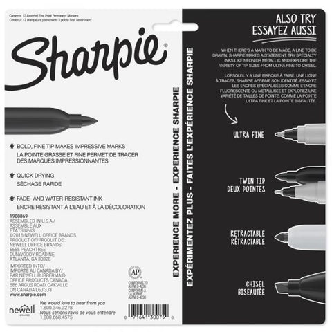 Sharpie Permanent Fine-Point Markers, Assorted Colors, Pack Of 12 Markers