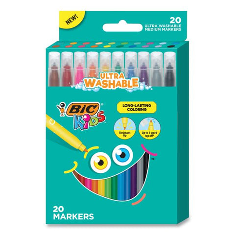 BIC Kids Ultra Washable Markers, Medium Bullet Tip, Assorted Colors, 20/Pack