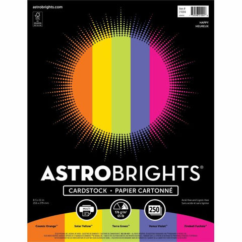 Astrobrights Color Card Stock, Happy Assortment, Letter (8.5" x 11"), 65 Lb, Pack Of 250