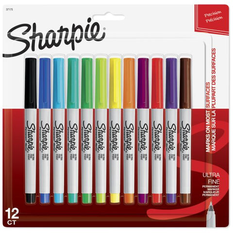 Sharpie Permanent Ultra-Fine Point Markers, Assorted Colors, Pack Of 12 Markers