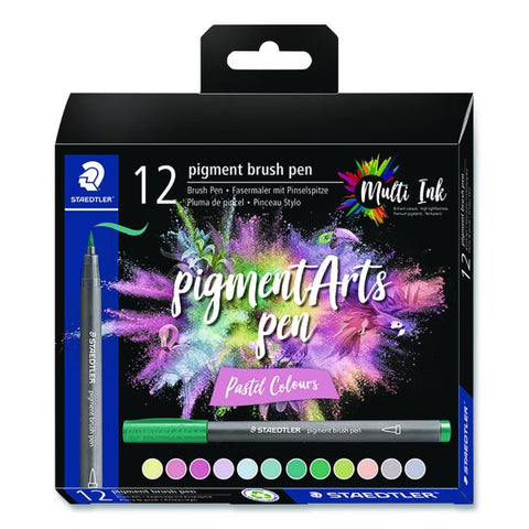 Staedtler Pigment Brush Pen Set, Medium Firm, Assorted Pastel Colors, 12/Pack